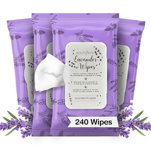 BeautyFrizz Lavender Face Wipes - 240 pcs - Gentle Makeup Remover Wipes for Women - Facial Cleansing Wipe with Aloe, Castor, Vitamin A and E - Extra Soft - Moisturizing