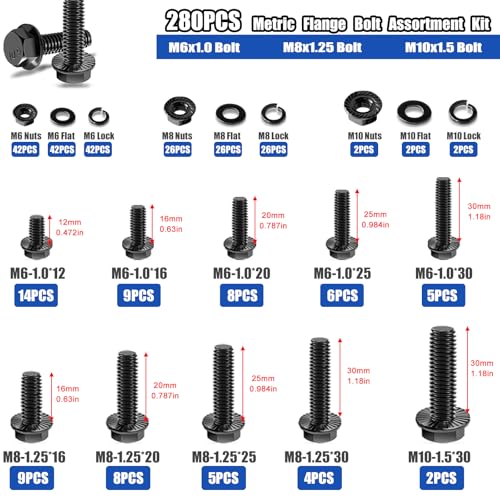 Image of Taiss 3160PCS Metric Flange Bolt Assortment Kit,Nuts and Bolts Assortment Kit M2 M3 M4 M5 M6x1.0 M8x1.25 M10x1.5 Bolt(4-45mm) 42 Sizes Hex Socket Button & Cap Head Metric Screw 10.9 Black Zinc Plated
