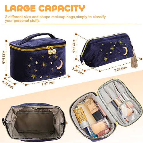Patelai 2 Pcs Velvet Stars Makeup Bag Cosmetic Bag Handy Travel Starry Makeup Pouch Portable Embroidered Pouch Toiletry Wash Bag Cute Storage Bag Clutch Handbags(Navy,Sun Moon)2