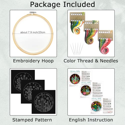 Image of Nuberlic 3 Pack Embroidery Kit for Beginner Adults, Stamped Cross Stitch with Cactus Patterns Include 3 Hoop, Cloth Thread Needles and Instructions