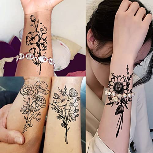 Joehapy 19 Sheets 3D Sexy Flower Temporary Tattoos For Women Neck Arm Girls Black Waterproof Small Fake Tattoo Stickers Tiny Branch Rose Floral Sunflower Wild Plants Sketch Tatoo Sets Kits For Adults #TOP5