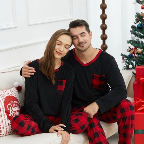 PJGGZ Pyjama assorti pour couples, ensemble de pyjama à carreaux de buffle à manches longues, doux et chaud (noir/rouge/noir, taille M), Noir/rouge/noir à carreaux, M – Image 4