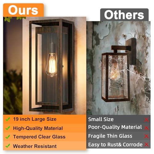 Image of 19 Inch Brown Outdoor Wall Light Fixtures, 2 Pack Porch Lights | Large Size, Anti-Rust, Waterproof, Tempered Glass, Easy Installation, Exterior Wall Sconces for House Entryway Garage