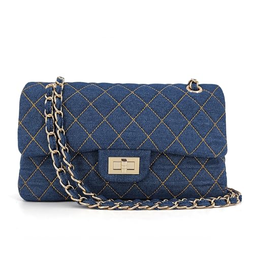 M-ioi-M Quilted Denim Crossbody Bags for Women, Chain Strap Shoulder Bags, Classic Medium Double Flap Purse, Gold Hardware Tote Bags, Trendy Designer Retro Jean Purse, Everyday Work Handbags (Blue)