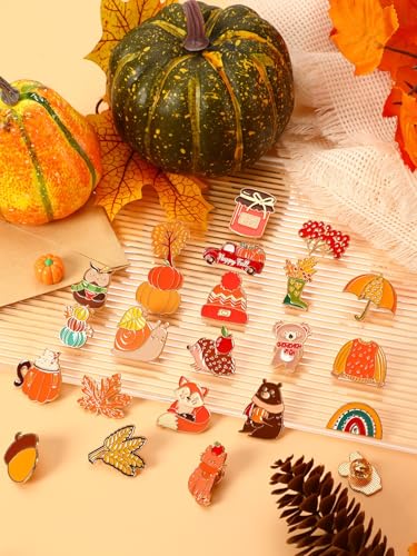 Image of JUNEBRUSHS 28PCS Fall Enamel Pins Cute Pumpkin Maple Animal Brooch Pins for Fall Thanksgiving Theme Birthday Party Classroom Favor Supplies Exchange Gift Clothes Hat Accessories
