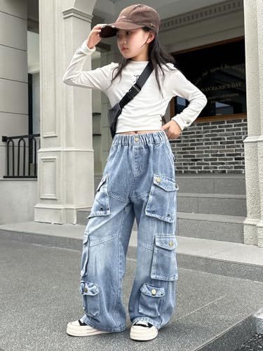 Image of Rolanko Girls Cargo Pants Baggy Y2K Cargo Trousers Jeans Wide Leg Pants with Multi Pockets 4-15 Years