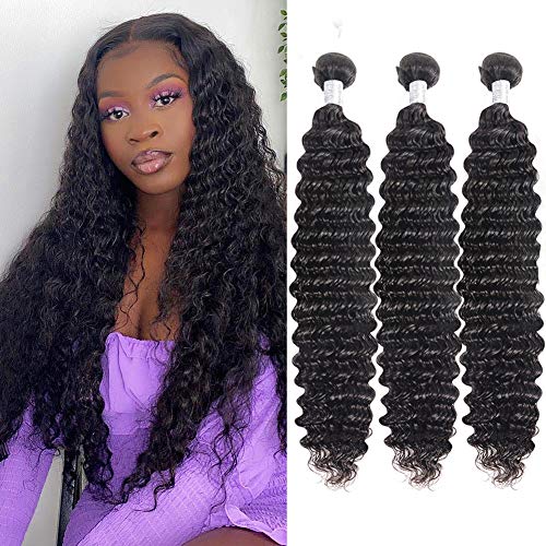 FASHOW Deep Wave Bundles Brazilian Hair Bundles Virgin Human Hair Wet and Wavy Bundles Curly Hair 3 Bundles Natural Black (30 30 30 inch)