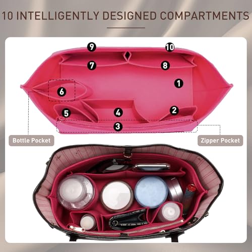 Image of Doxo Purse Organizer Insert & Base Shaper 2pc Set, Felt Handbag & Tote Bag Fit L Speedy 30 Nererfull PM More(M-Rose)