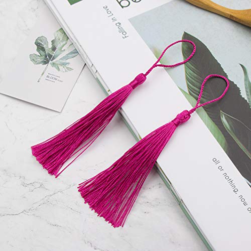 Image of VAPKER 100 Pieces Dark Pink Tassels 13cm /5-Inch Silky Handmade Soft Tassels Floss Bookmark Tassels with 2-Inch Cord Loop for Jewelry Making, DIY Projects, Bookmarks