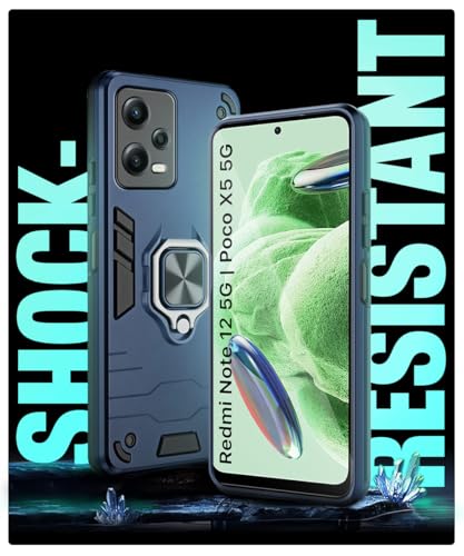 Image of WOW IMAGINE Shock Proof Back Case Mobile Cover for Xiaomi Redmi Note 12 5G | Poco X5 5G | Back Cover Case (Tough Armor | Hybrid PC + TPU | Ring Holder & in-Built Kickstand | Blue)