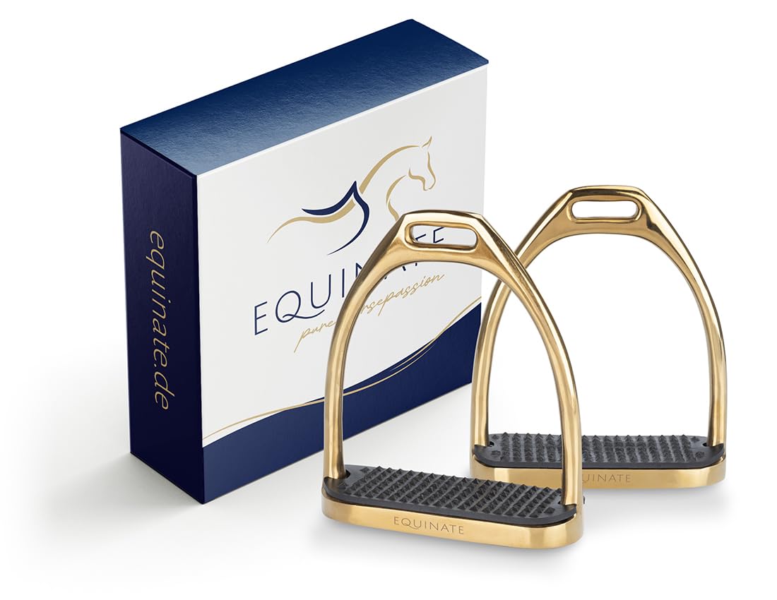 Equinate Estribos Luna 12 cm oro – con superficie antideslizante de goma – para adultos y niños – 2 unidades