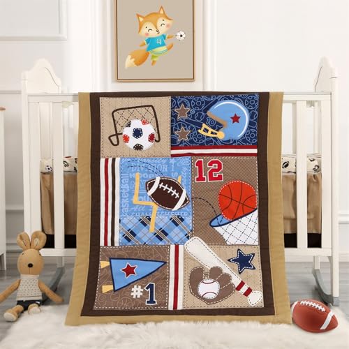 Image of Wowelife Sports Mini Crib Bedding Set Boys Brown 3PCs Mini Crib Comforter Set Basketball Baseball Rugby Nursery Bedding Sets for Boys with Soft Comforter, Crib Skirt and 38x24 Sheet, Brown