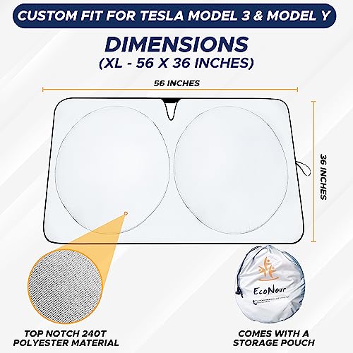 Econour Windshield Sun Shade For Tesla Model 3/Y Cars | 240T Polyester Shield Sunshade | Upgraded Sunshade For Front Window | Interior Tesla Accessories For Summer | Xl (56 X 36 Inches) #TOP2