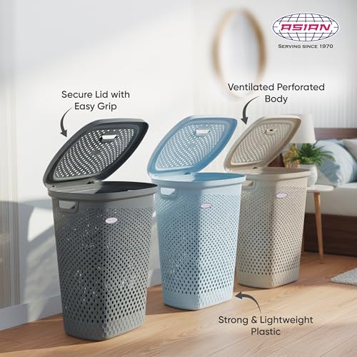 Image of Asian Plastowares - Verona Laundry Basket with Lid | Large Size | Multi-Utility Storage Basket /Bin for Clothes, Toys, Kitchen & Household | BPA Free | Durable & Space-Saving | Bluish Grey