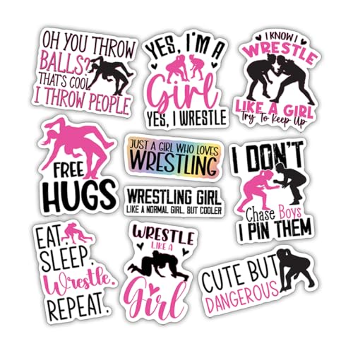 (10pcs) Wrestling Stickers Sheet Funny Wrestle Gifts Sports Lover Wrestler Gifts Funny Multiple Different Design, Waterproof, UV- Resistant, Suitable for Tumbler, Laptop (Wrestling Girl)