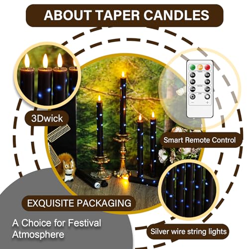 Image of kakoya Real Wax Flameless Taper Candles with Remote Timer,6 Pcs Taper Battery Operated Candle,9.6 Inches LED Candles with Embedded Star String for Home Decor Holiday Party,Black