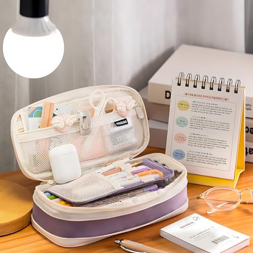 MAMUNU Big Capacity Pencil Cases with Compartments Pencil Pouch Aesthetic for Teen Students Expendable Stationery Organizer Pen Bag for College School Office (Purple) - Image 2