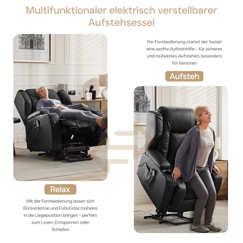 SITURAY Elektrisch Verstellbar Relaxsessel Fernsehsessel mit Liegefunktion Aufstehhilfe, Kunstleder Aufstehsessel Seniorensessel mit Massage Heizung, TV Sessel Kinosessel mit USB bis 150 kg (Schwarz) – Bild 8