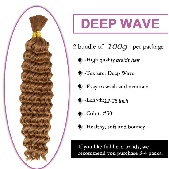Gsoroel #30 Light Brown Color 50g/Bundles Human Braiding Hair 26 26 Inch Deep Wave Unprocessed No Weft 2 Bundles/Pack Boho Braids Human Hair Extensions For Women - Image 3