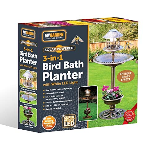 DGI Solar Powered Garden Bird Bath with Planter - Antique Brass Effect Solar Water Features for the Garden