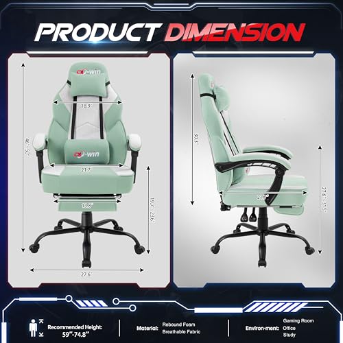 Image of Gaming Chair for Adults with Footrest & Massage Lumbar Support, Ergonomic High Back Gamer Chair, Adjustable Swivel Computer Gaming Chairs with Headrest and Linkage Armrests,Green