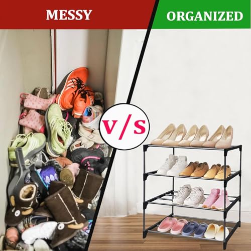 Image of Metal Shoe Rack Organizer Adjustable Storage Shelf for Entryway, Closet, Bedroom Space Saving Design, Durable Metal Frame, Black (4 Tier)