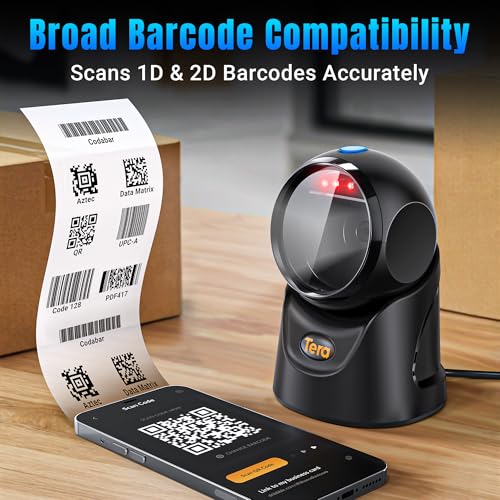 Tera Barcode Scanner Plattform Omnidirektional: 1D 2D QR Code Desktop-Lesegerät Freihändig USB Kabelgebunden Verstellbarer Winkel, Plug-and-Play für POS Supermarkt Lager Einzelhandel Krankenhaus 9700