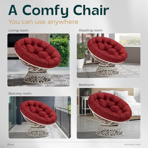 Image of Bme Ergonomic Wicker Papasan Chair with Soft Thick Density Fabric Cushion, High Capacity Steel Frame, 360 Degree Swivel for Living, Bedroom, Reading Room, Lounge, Cherry Sangria - White Base