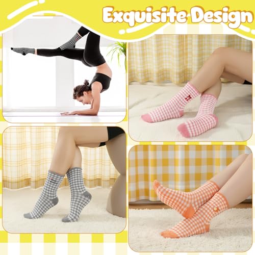 Image of 6 Pairs Cute Pilates Socks with Grips Cute Ruffle Grippy Socks Embroidery Ruffle Striped Frilly Sock for Pilates Barre Ballet Barefoot Workout Hospital US Size 5-8