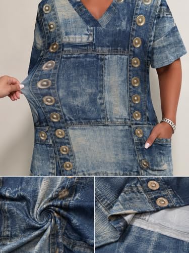 Image of SUZONANA Plus Size Denim Print Maxi Dresses for Women Casual V Neck Short Sleeve with Pockets Soft Jean Look Dress XL-6XL