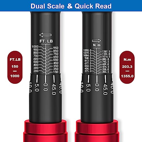 Image of SUERCUP 3 /4-inch Drive Click Torque Wrench,150-1000ft.lb /203.3-1355Nm | ±3% Accuracy, Heavy Duty Torque Wrench, Professional, Dual Direction, 48-Tooth, for Wind Turbines, Dockyards, Truck Repair