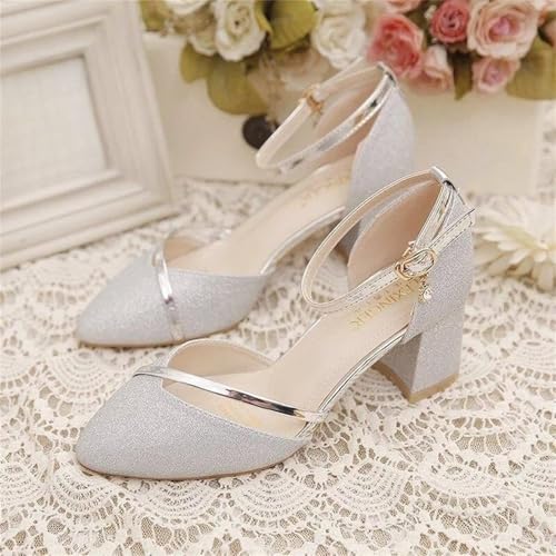 Women's Chunky High Heel Pumps Pointed Toe Ankle Strap Closed Toe Dress Shoes for Wedding Party Occasions3