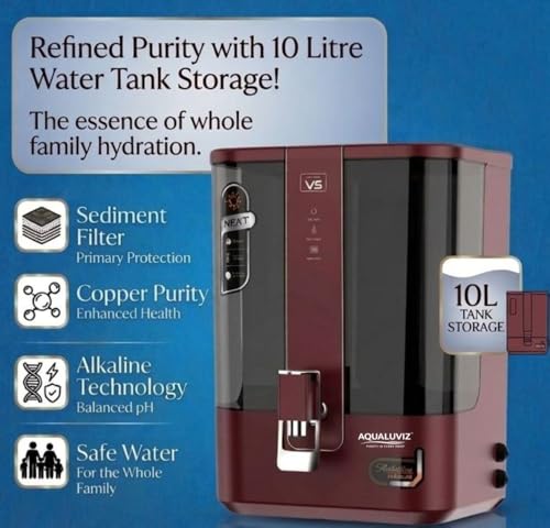 Image of Aqua V5 RO Water Purifier RO + Active Copper + Alkaline Pre Filter + Sediment + Pre Carbon + RO Membrane + Post Carbon, 10L Storage,15 L Capacity, (Maroon)