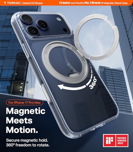 Image of TORRAS 360 Magnetic Stand for iPhone 17 Pro Max Case, [Fit for MagSafe] [4X Military-Grade Protection] Slim Case for iPhone 17 Pro Max 6.9 inch 2025, Clear, Ostand O3 Fitness Series