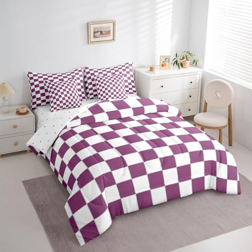 Image of Erosebridal Girls Purple Checkered Twin Bedding Set 7 Piece White Lavender Buffalo Plaid Grid Comforter Set with Sheets Checkerboard Bed in A Bag for Kids Teen Women Geometrical Gingham Bed Set