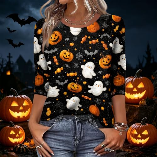 Image of Women Spooky Halloween Graphic Shirt 3 /4 Length Sleeve Crewneck Top | Halloween Funny Printed Pumpkin Plus Size Tshirts 2026 Fall Outfits Skeleton Tee Going Out Tops