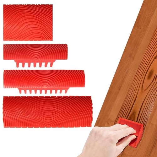 Uwiyo 4 Pièces Outil de Grain de Bois de Caoutchouc, Outil de Peinture en Caoutchouc pour Peinture Murale Rouleau Peinture Effet Bois pour Mur, Meuble, Porte,...