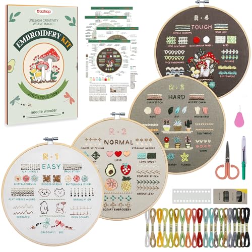 Dazhqp Embroidery Kit for Adult Beginners 4-Pack Embroidery Starter Kit Including 38 Stitches Learning Step-by-Step Guide and Video Pre-Patterns Threads Needles and Hoop Craft Kits for Adults