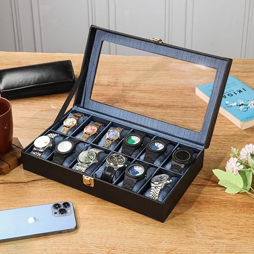 Image of Watch Organizer Case Box | PU Leather, Black & Blue Finish, Transparent Top