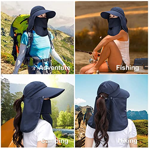 Image of Women Wide Brim Face Mask Sun Hat Detachable Neck Face Flap Ponytail UV Protection Visor Hat Garden Fishing Hiking