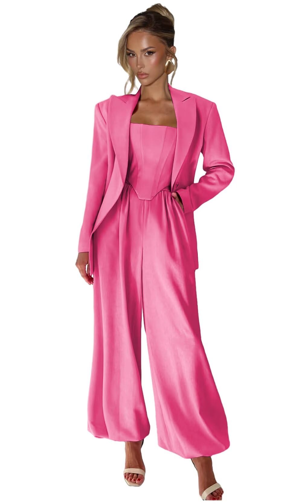 Casual Work Womens Suits for Wedding 3 Piece Pant Suits for Women Wide Leg Womens Tuxedo Suit Set