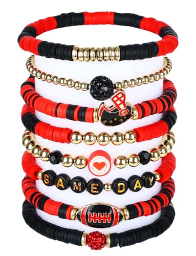 Game Day Bracelets Football Charm for Women Football Bracelets Red Black Blue Heishi Clay Beaded Stretch Bracelets Stackable Sports Bracelet Bangles Football Mom Accessories Outfits