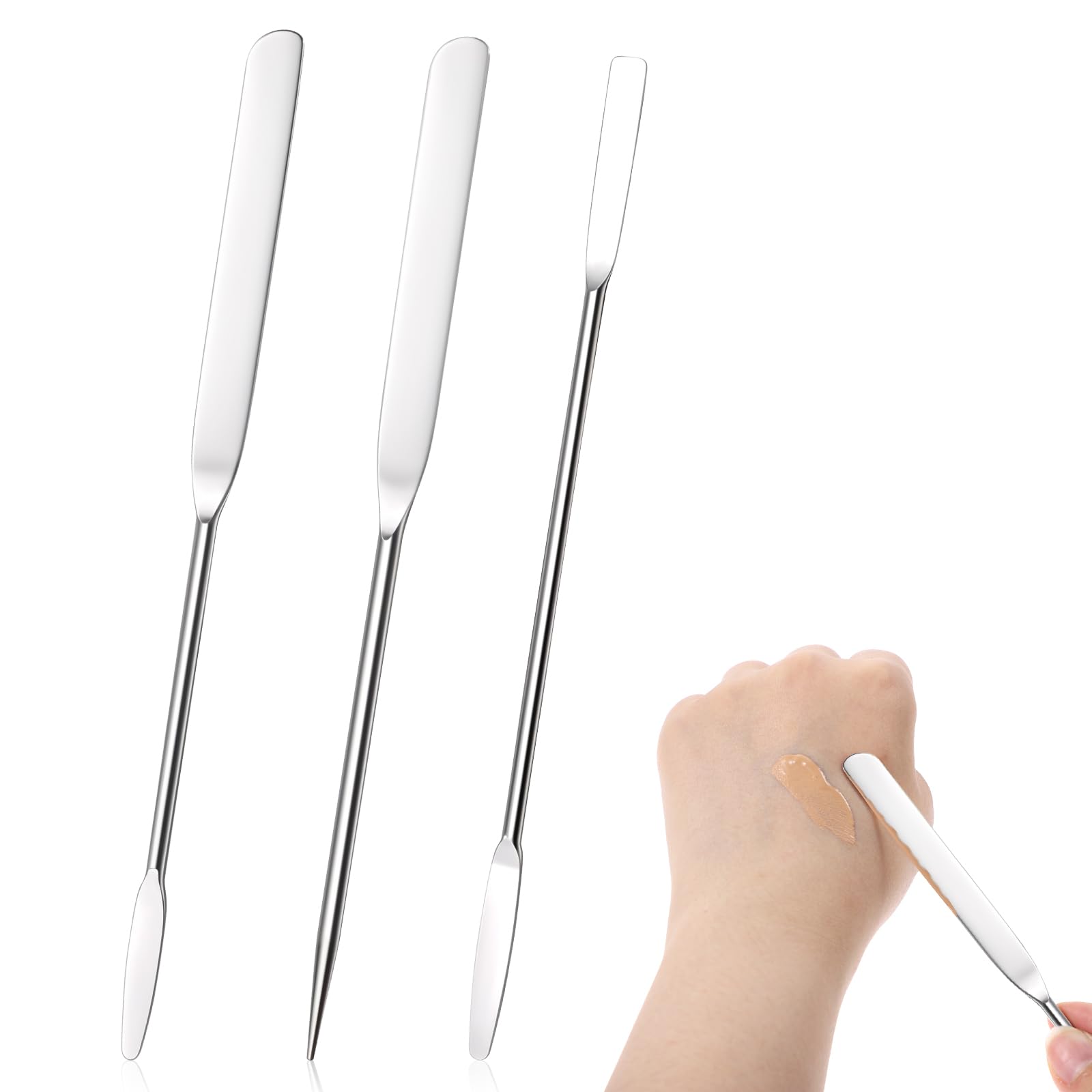 LIQWEI 3 Pcs Makeup Spatula Foundation Spatula, Stainless Steel Facial Beauty Spatulas, Double Edged Tiny Makeup Palette Mixer Cosmetic Mixing Tool for Even Application Foundation