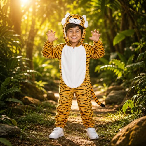 Image of Raj Costume Animal Fancy Dress Costume for Boys & Girls | Hooded Full Body Wildlife Zoo Animal Jumpsuit | Soft Costume for School Function, Fancy Dress, Halloween, Birthday, Cosplay & Role Play