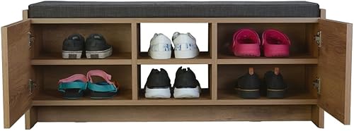 Miniatura 9 de Niche Armario de almacenamiento de zapatos con estantes y banco, nogal rústico