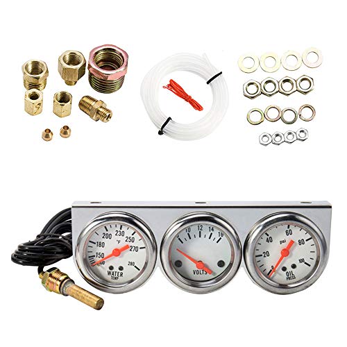 Abizarch Triple Gauge Kit, 3 in 1 Car Oil Volt Water Gauge, Chrome Housing, White Face, Red Needles,...