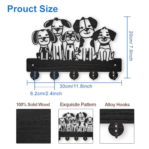 MAYJOYDIY Dog Wall Key Holder, 30x20 cm, 5 Alloy Hooks, Wood Pet Design, Black Dog Leash Key Hanger for Entryway Room Kitchen Office - Image 2