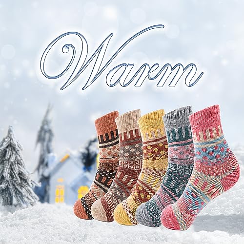 Image of ICEIVY Womens Socks 5 Pairs Wool Warm Cotton Thick Vintage Casual Winter Cabin Crew Fuzzy Socks Gifts For Women