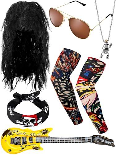 Mepase Juego de 9 piezas de disfraz de rock de los años 80 para Halloween, peluca de roca, diadema de tela, manga de tatuaje, guantes, manguito, gafas, guitarra, Colores clásicos, talla única