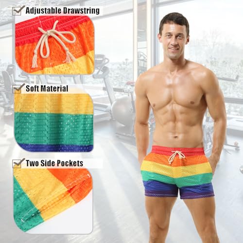 DTODWW Mens Workout Shorts Rainbow Stripe Mesh Shorts 3 Inch Men Running Shorts Breathable with Pockets for Athletic Gym3